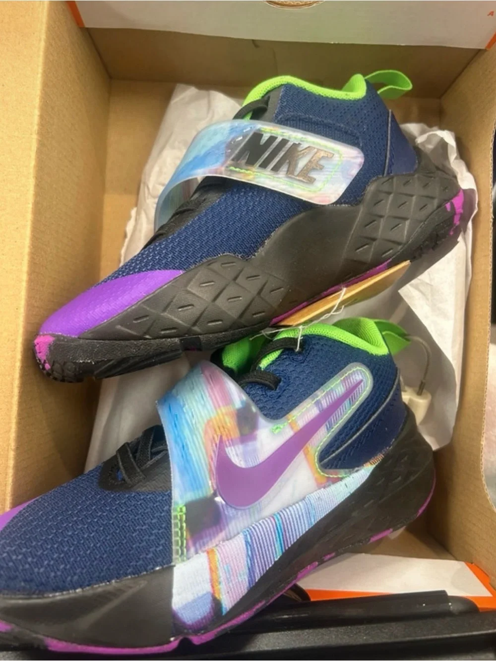 Nike Kids Blue Mesh Sneakers with Purple Swoosh and Green Trim
